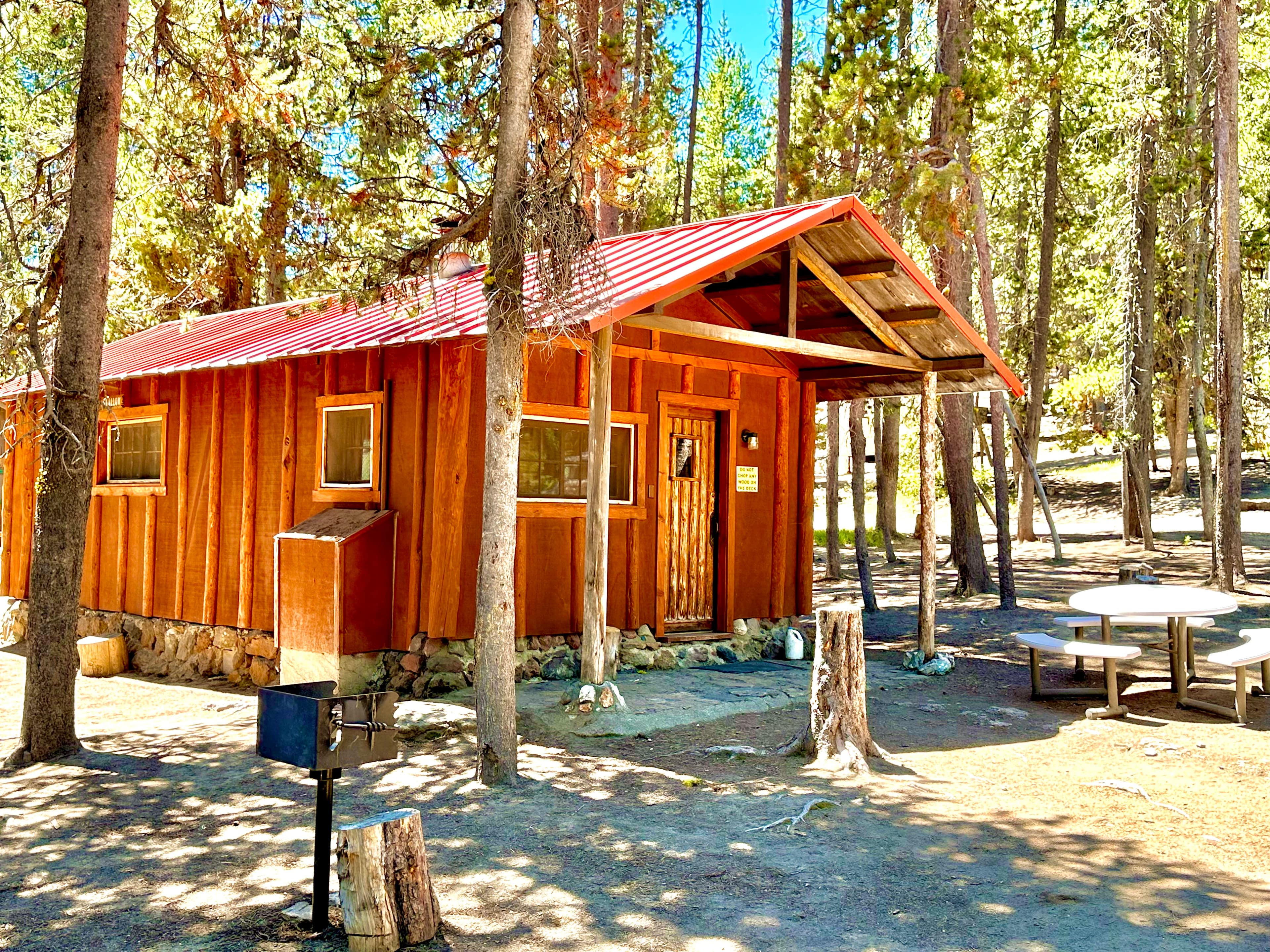 Rustic wooden cabin with a red roof surrounded by pine trees.