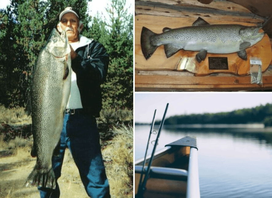 A man poses with a large trout, alongside images of a mounted trout and a canoe on a serene lake.