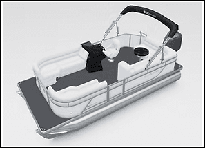 A white and gray pontoon boat with a canopy and seating layout.
