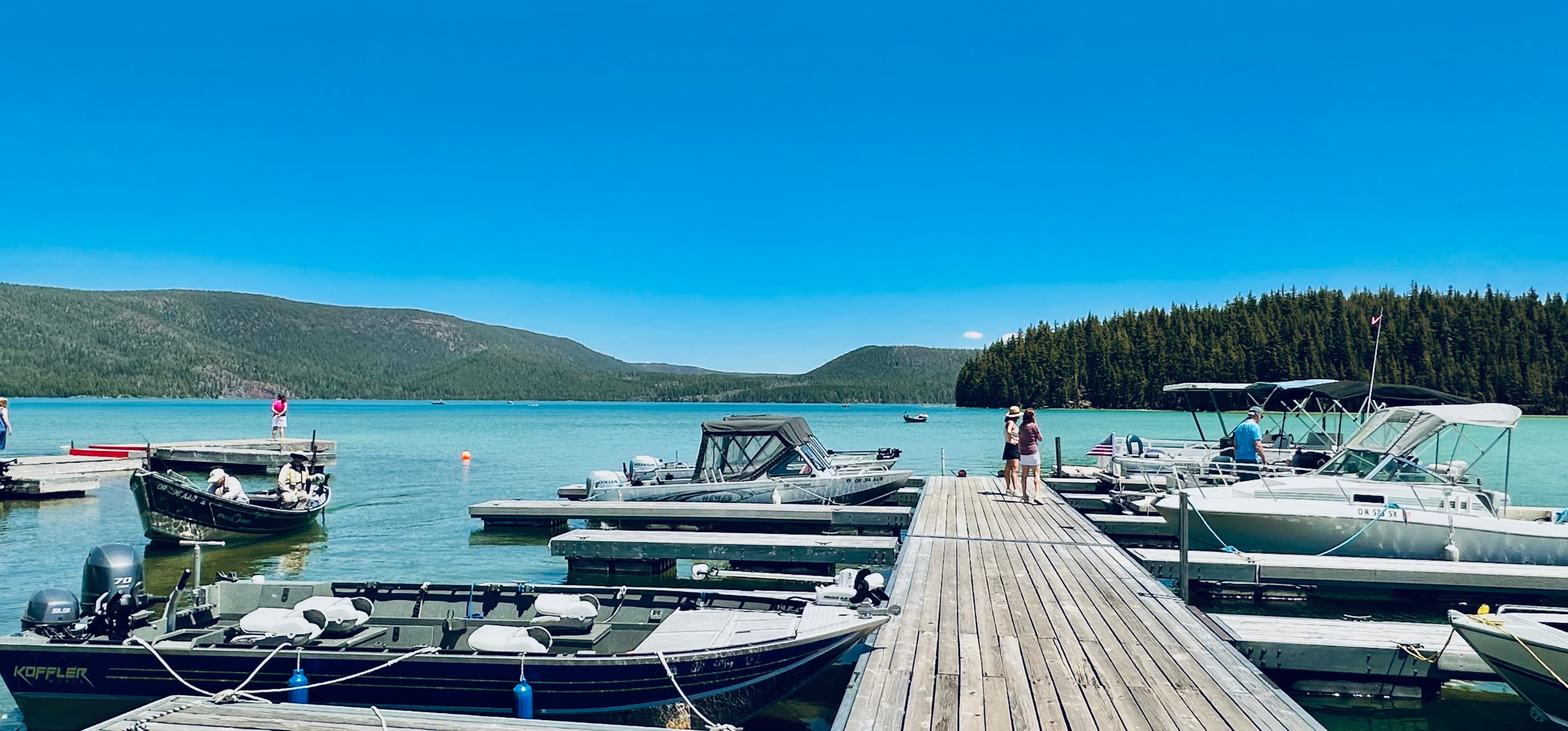 A wooden dock lined with boats stretches into a calm lake surrounded by hills and forest under a clear blue sky.